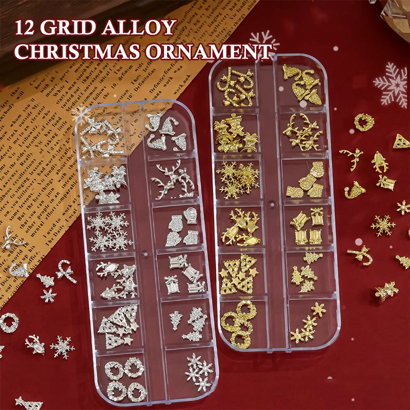 12 grades 3d decorações de arte de unhas de luxo liga brilhante strass gemas natal charme de unhas diy acessórios de unhas