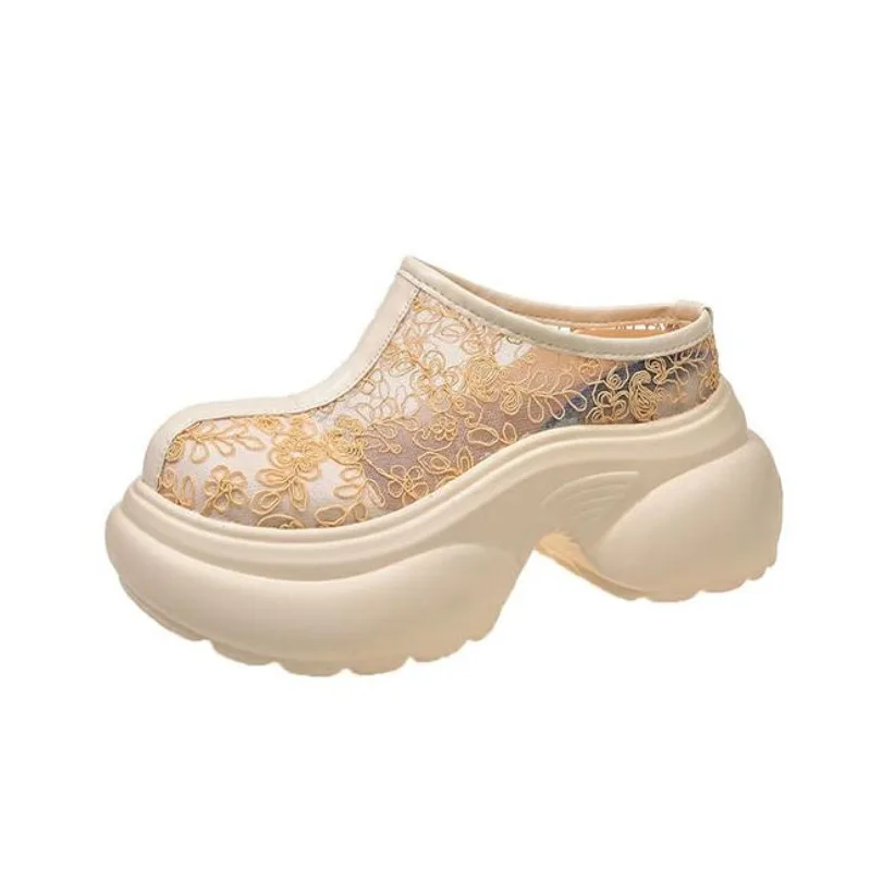

9cm Fashion Women's Summer Outdoor Half Slippers Hollow Lace Out Toe Cover Thick Bottom Platform Soft Bottom Sandals Rubber