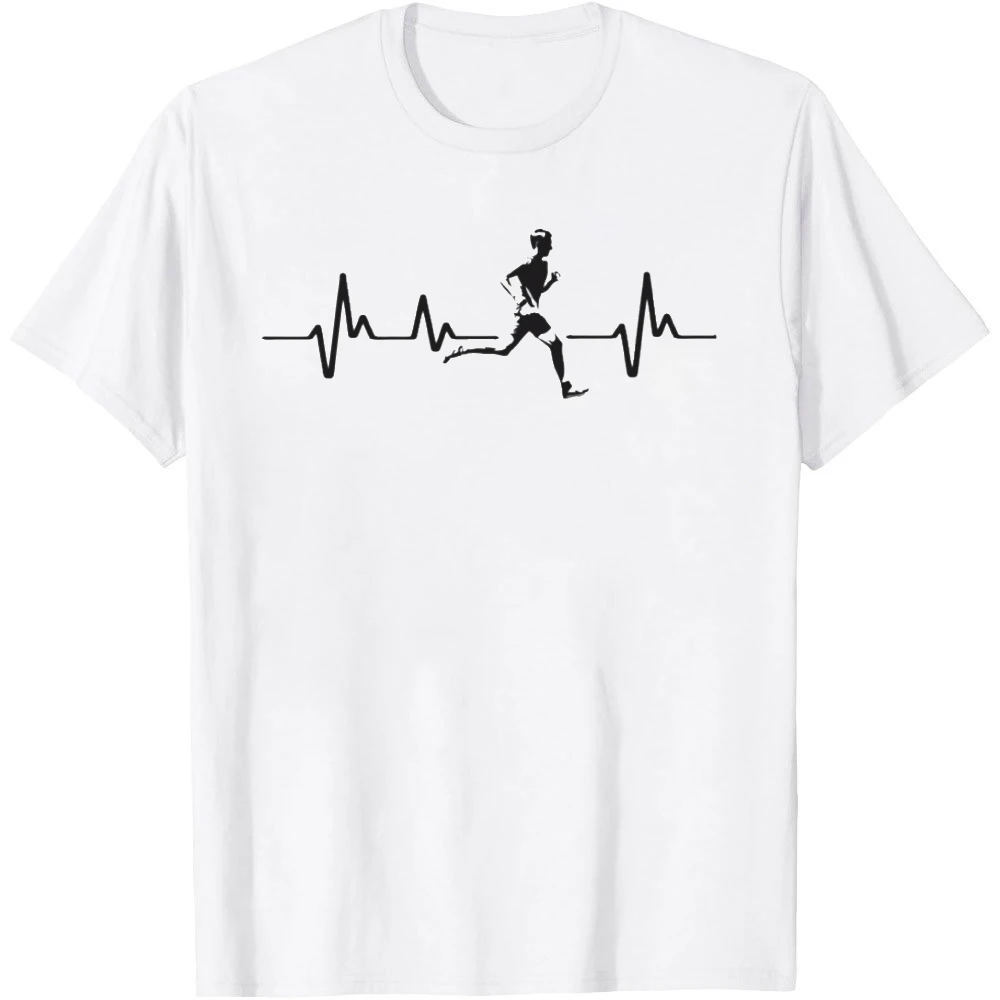 Runner Heartbeat Pulse Line Silhouette Graphic Men Summer T Shirt Jogging Fitness Motivational Short Sleeve Casual Top
