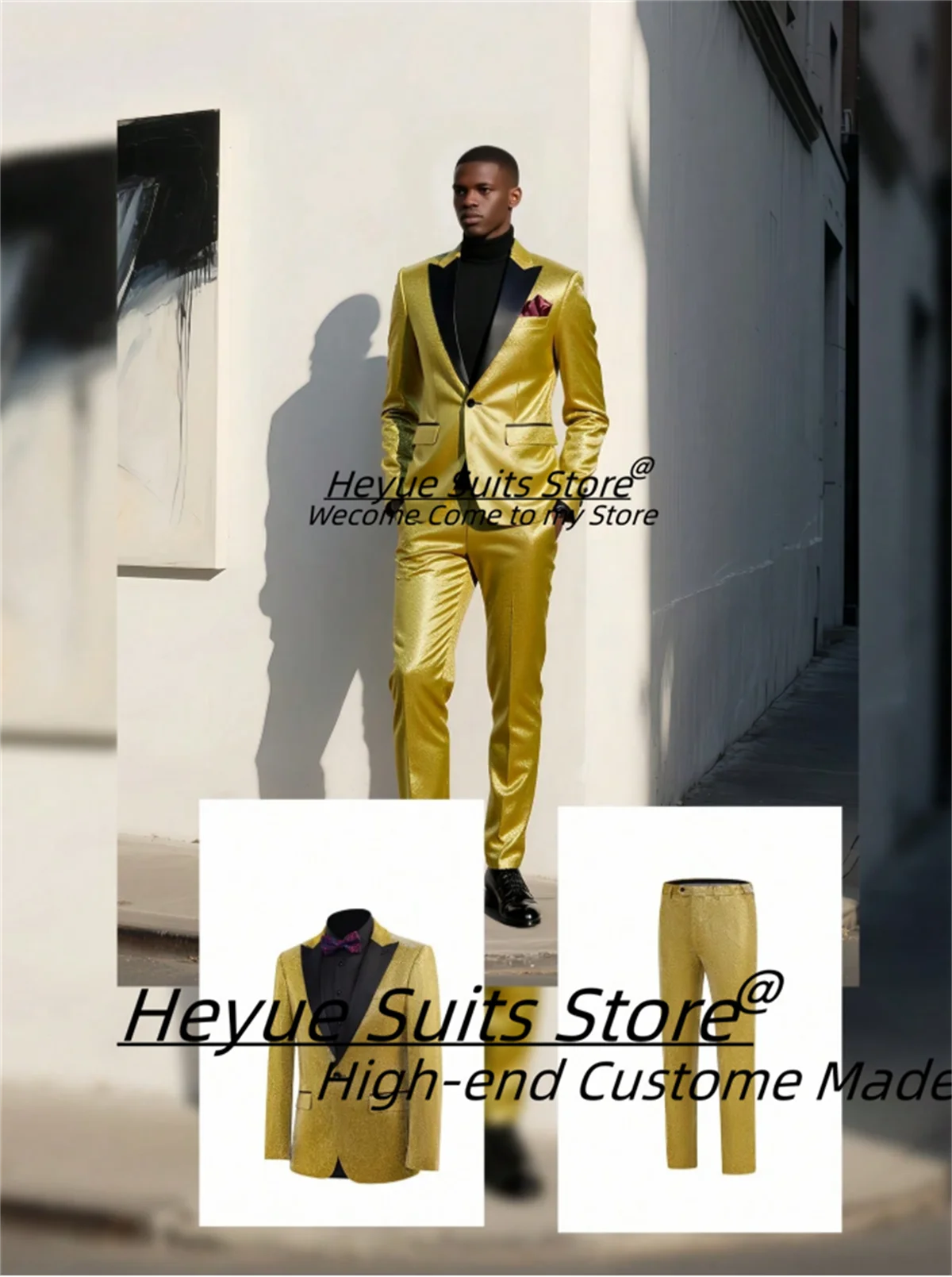 Shiny Golden High-end Groom Wedding Tuxedos Luxuly Slim Fit Peak Lapel Men Suits 2 Pieces Sets Male Prom Blazers Costume Homme