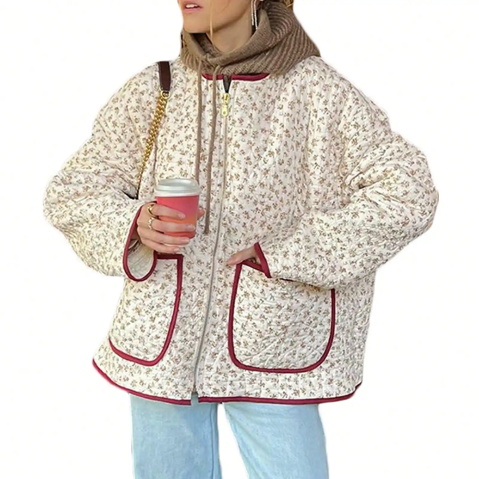 

Womens Puffer Jacket Floral/Striped Lightweight Quilted Puffy Coat Fall Winter Zip Up Outwear