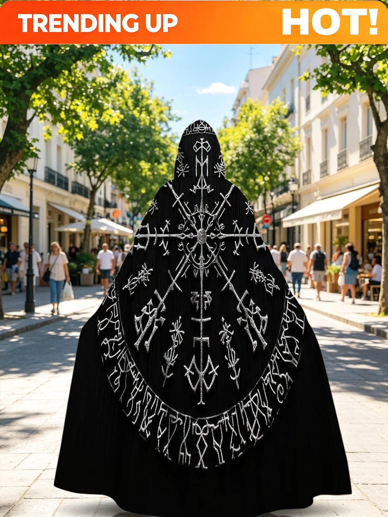 Customization 1pc Cape Hooded Cloak With Nordic Rune Wheel Print - 100% Polyester Costume For Themed Parties, Halloween