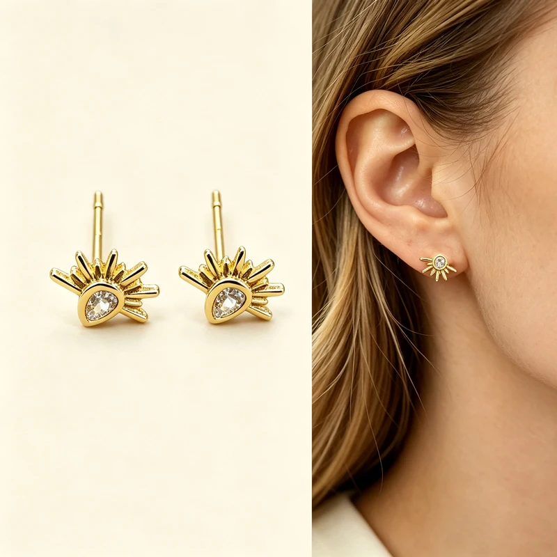 Two‑Tone Mini Sunburst Zircon Stud Earrings for Women, Teardrop Center Stone Radiant Rays Pierced Earrings, Celestial Jewelry