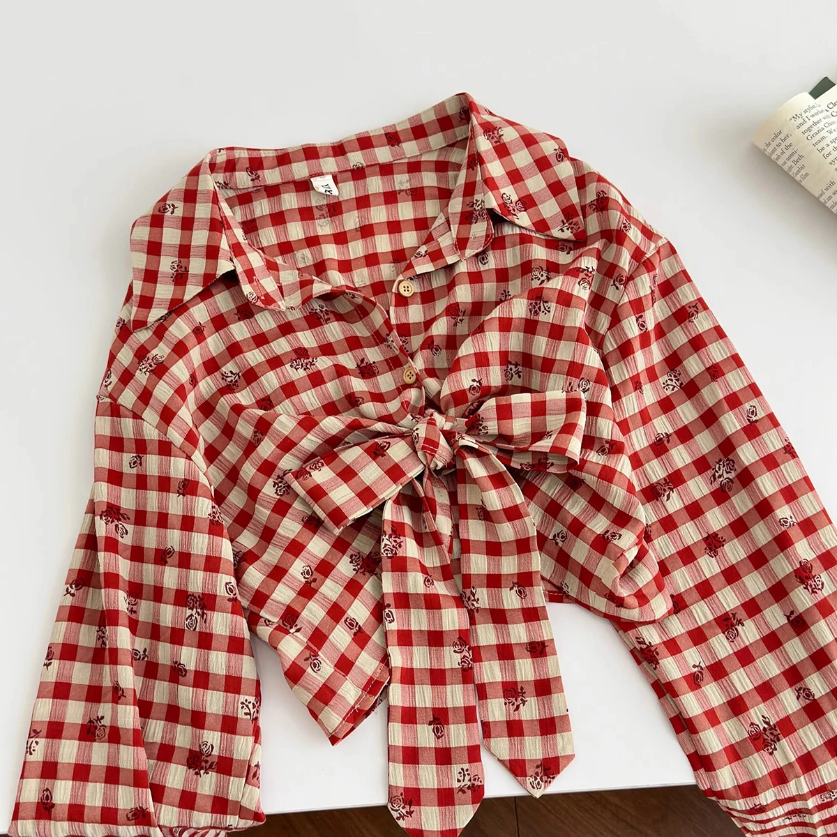 ReddaChic レトロチェック柄トップススカート レディース マッチングセット 長袖ツイストフロントブラウストップス スリットロングラッフルスカート サマー服