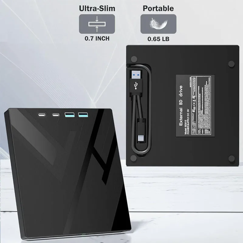 7 in 1 External Blu Ray Drive Support 100G Disc, Portable BD DVD CD -/+RW Player Burner Bluray CD Reader with SD/TF Card Slot