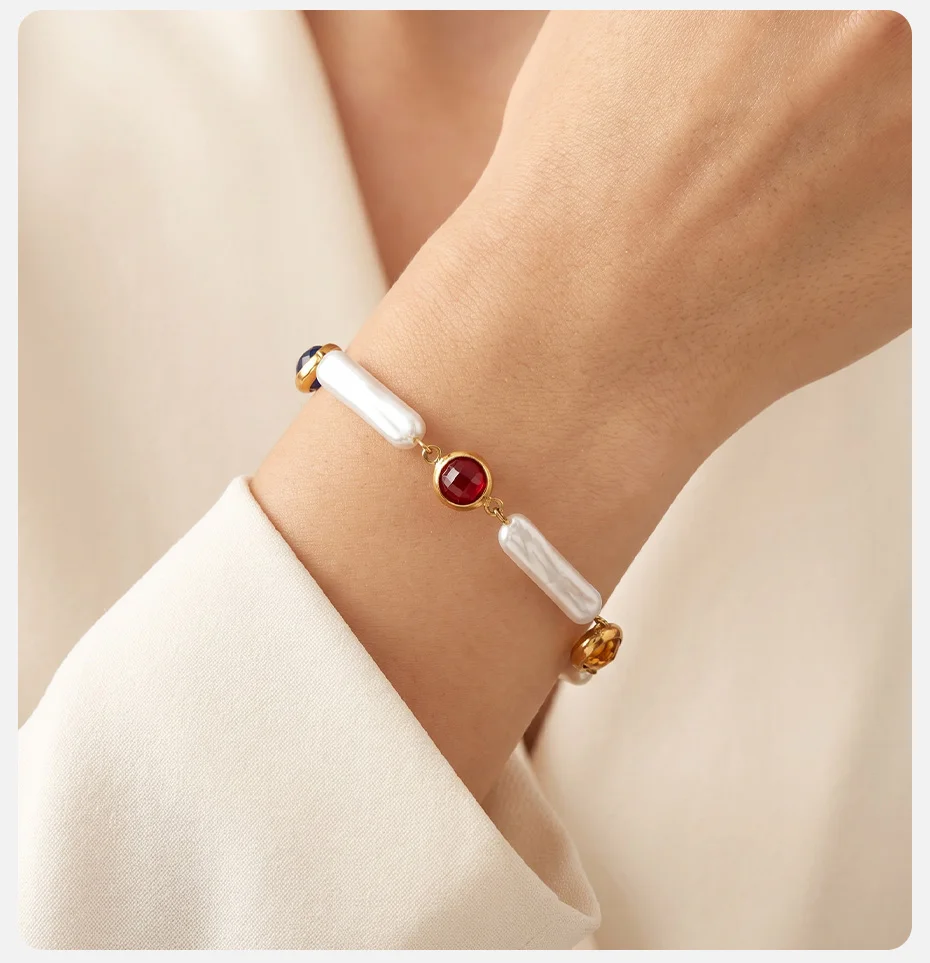 Vnox Exquisites Edelstahl-Imitationsperlen-Armband für Damen, Einzigartiges Design, 18K Vergoldet, Buntes Zirkonia-Armband – Detail 3