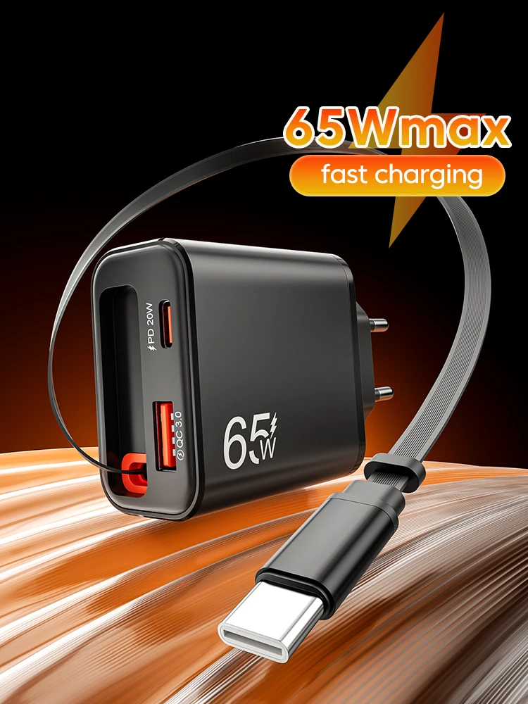 65 W Super Snel Opladen Type C USB Telefoon Oplader Met Intrekbare USB C Kabel Voor Iphone 17 16 15 Samsung POCO Xiaomi - afbeelding 2
