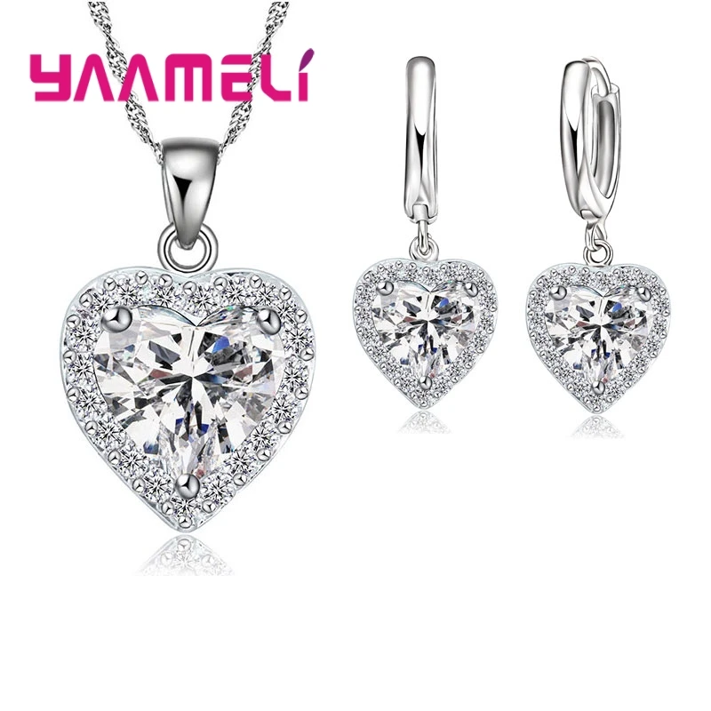 

Fine 925 Sterling Silver Jewelry Set for Women Bridal Wedding Heart Austrian Crystal Necklaces Earrings Set Valentine Day