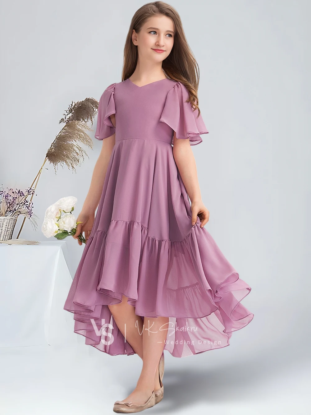 B ألف خط الخامس الرقبة غير المتكافئة الشيفون جونيور فستان وصيفة الشرف البنفسجي زهرة فتاة فستان لحفل الزفاف في سن المراهقة فستان المناسبات الخاصة