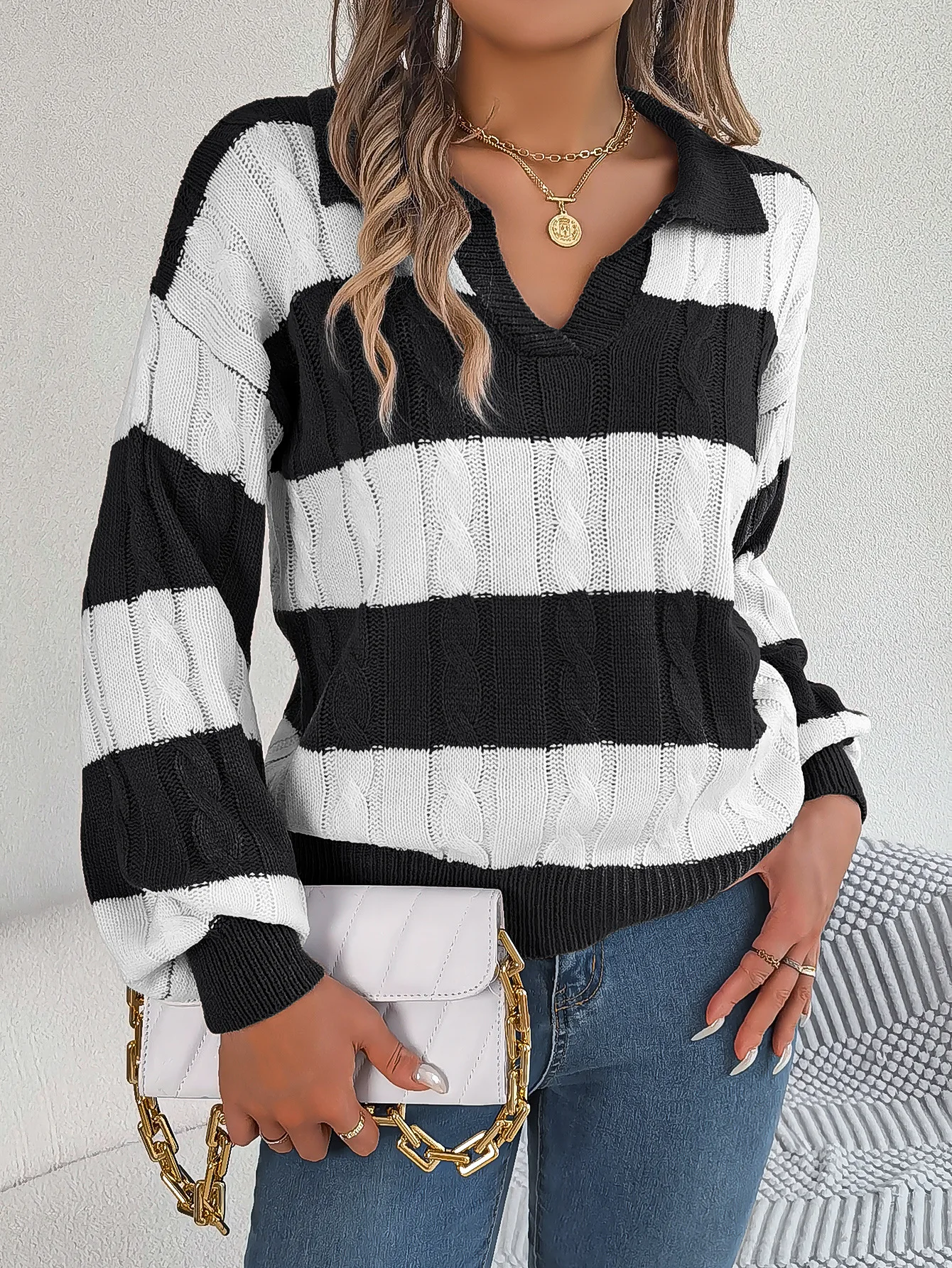 Colorblock Striped Cable Knit Lantern Sleeve Pullover Sweater Casual Fall Winter