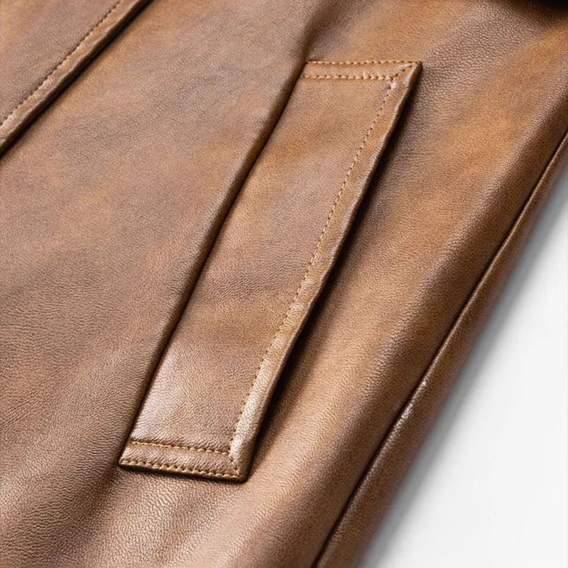 Giacca lunga da donna in pelle PU Primavera Autunno Fusciacche Giacca a vento con risvolto Cappotto doppiopetto americano High Street Fashion