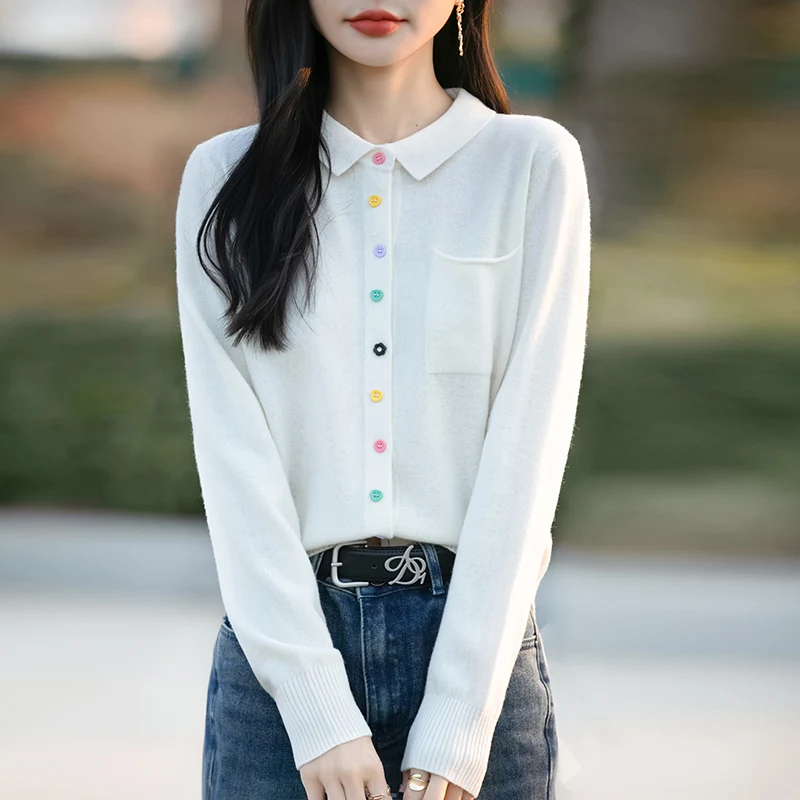 

Spring and summer classic wool cardigan women's knitted lapel long sleeved colorful button sweater high-quality basic loose top