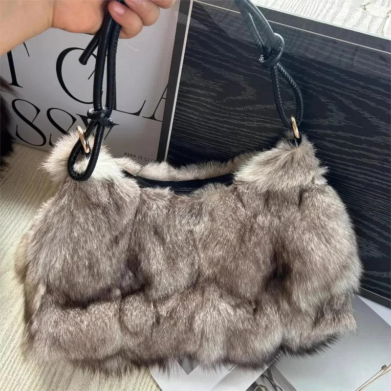 NOWE prawdziwe futro z lisa kobieta damskie torby typu Crossbody projektant luksusowe torebki damskie torebka torba na ramię rozmyta puszysta torba z grubej bawełny