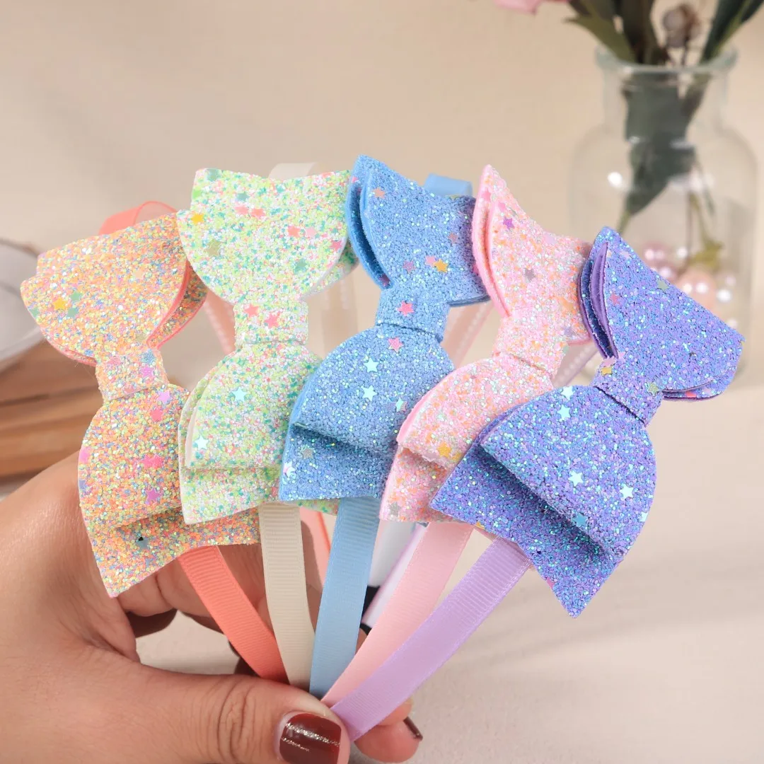 5pcs Girls Hair Bows Headbands Glitter Bows Hairbands Fashion Children Kids Teeth Plastic Headband Girls Kids Hair Accessories