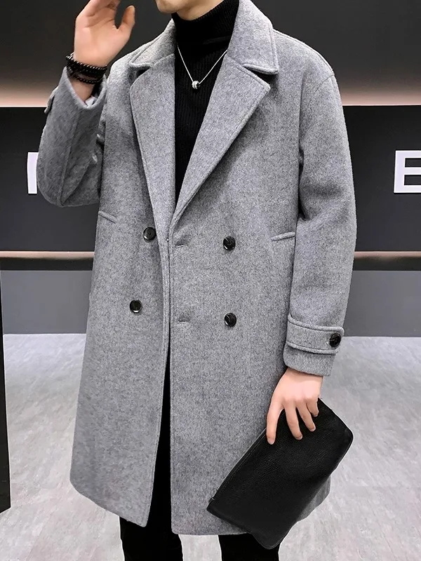 

Warm Woolen Men's Coat Autumn Winter Briti Sle Double Breasted Suit Collar Mid-Length ey Outerwear Faion Urban Trend