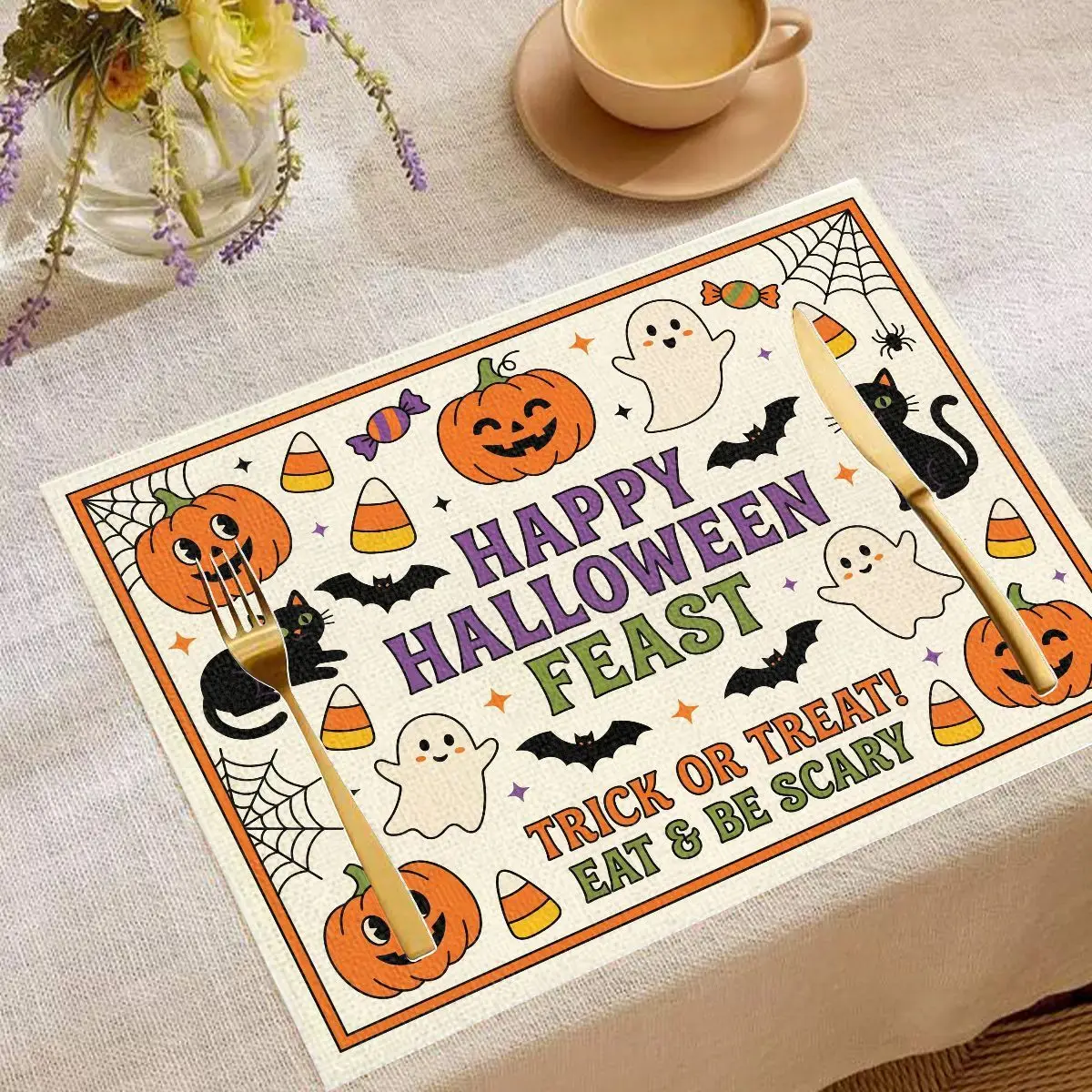 VIKAMA Happy Halloween Feast Placemat Ghost Pumpkin Black Cat Print Linen Table Mat Cute Holiday Dinner Tabletop Decoration