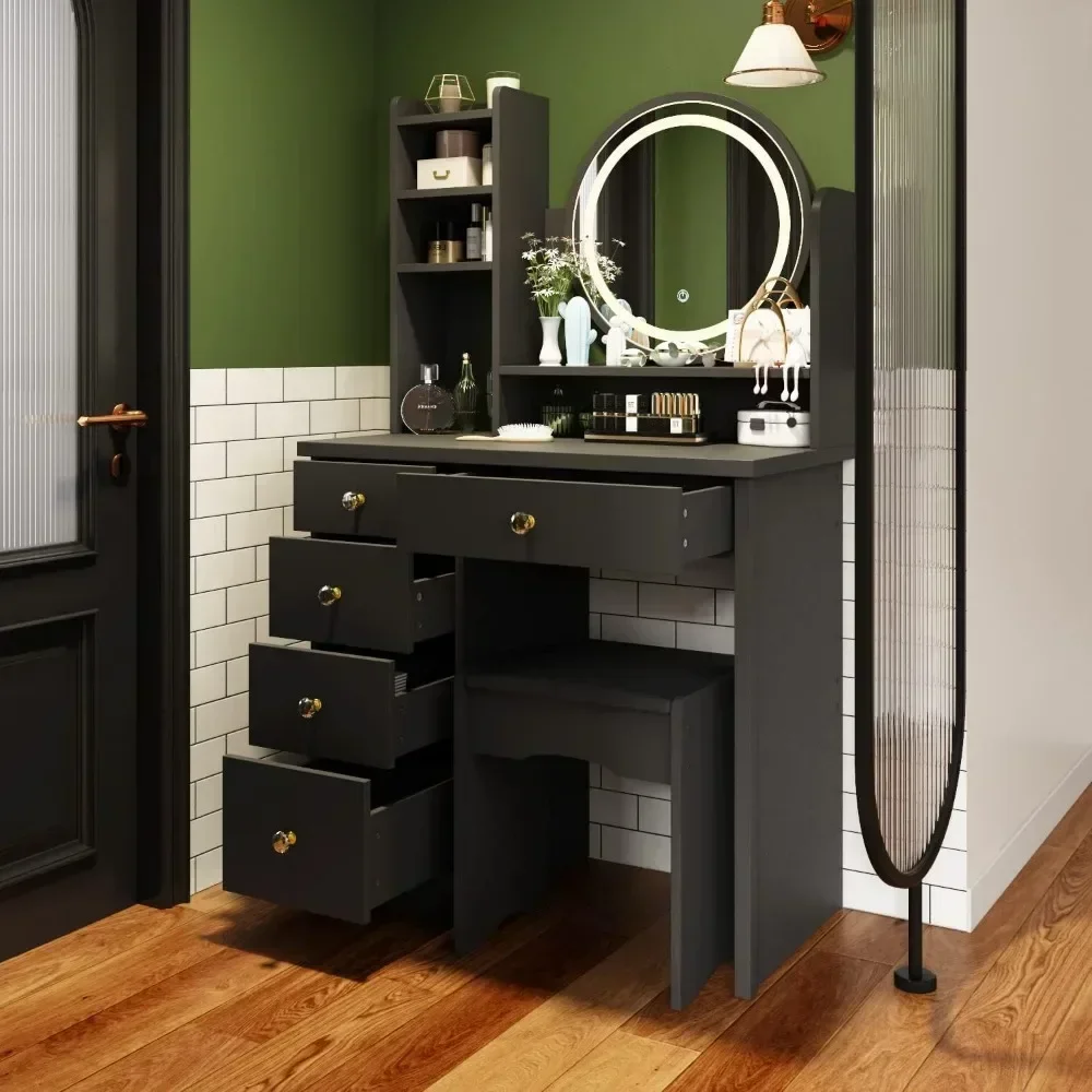 Dresser with Round Mirror Shelf and Upholstered Stool Black Vanity Set with Illuminated Mirror for Bedroom image 6