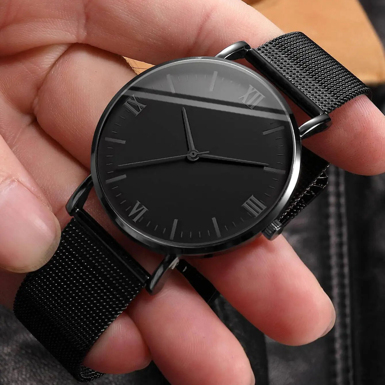 2PCS/Set Men's Business Watches Fashion Roma Dial Mesh Band Quartz Watch Bracelet Set Reloj Hombre