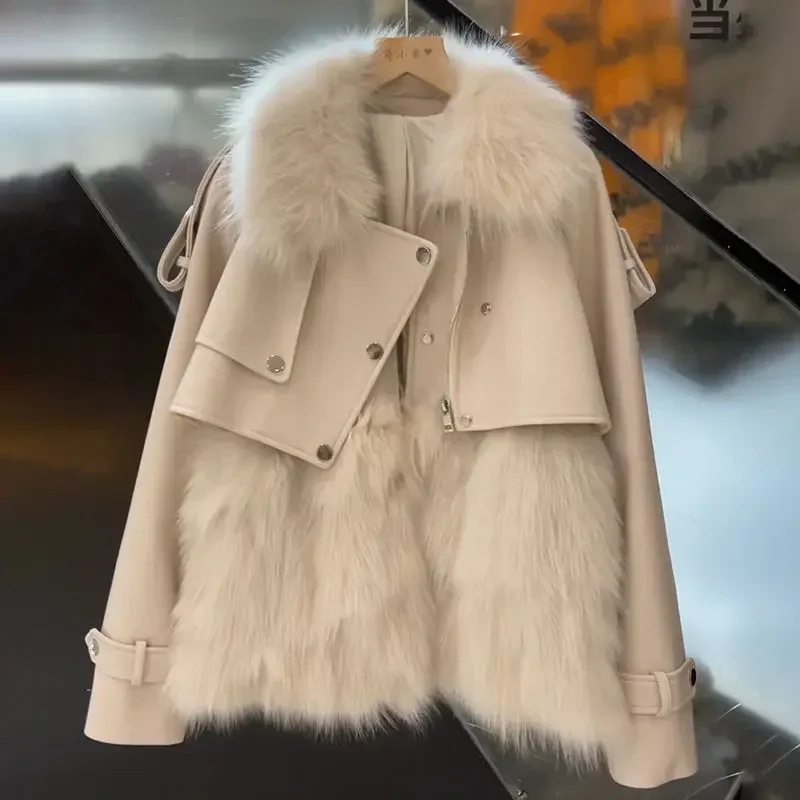 Winter Elegant Women Faux Fur Coat Patchwork Fur Collar Fur Leather Jacket Green Warm Fuzzy Outerwear Luxury Short Jacket 2024