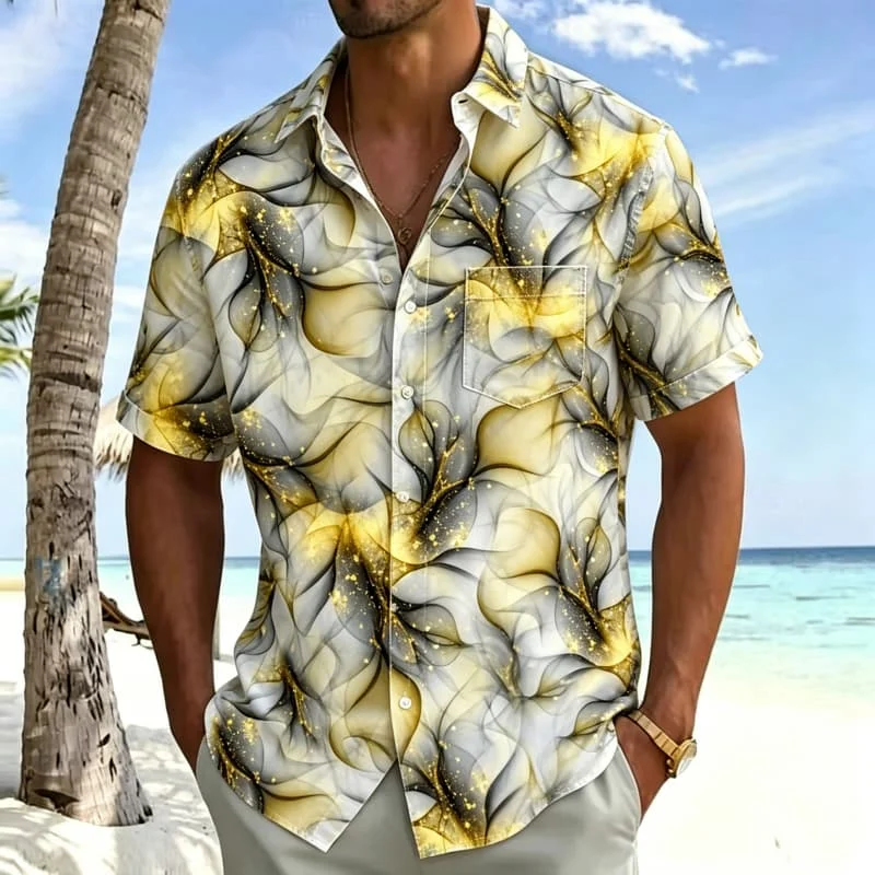 

Artistic abstract style printed short sleeved shirt with pockets, for outdoor activities and psychedelic festival aesthetics