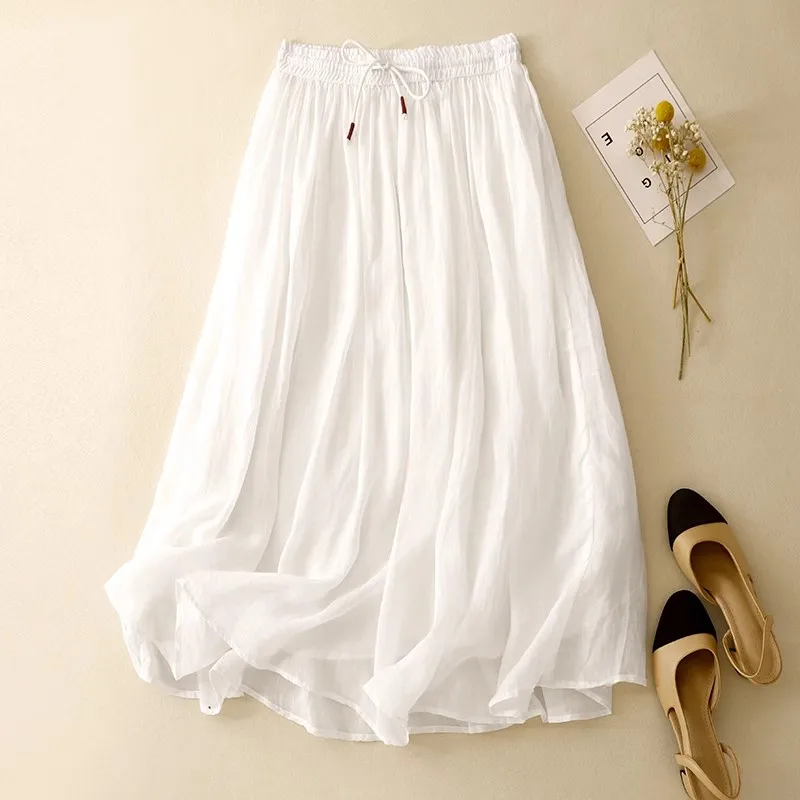 

Korean Style Large Swing Women Skirts 2025 New Summer Minimalist Solid Elegant Fashion Cotton Linen Pleated Skirts Ropa De Mujer