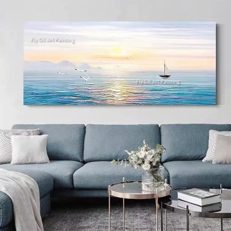 100% Hand Painted Abstract Sailboat Sunset Canvas Art Nautical Seascape Oil Painting Coastal Wall Decor For Beach Ocean Lovers