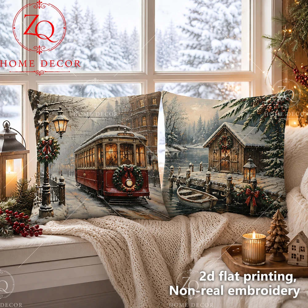 Christmas Vintage Tram  Lake Cabin Throw Pillow Covers Soft Winter Holiday Decorative Cushion Cases For Sofa Bedroom