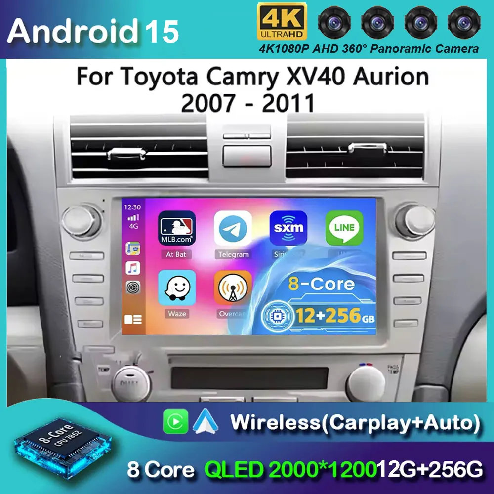 Carplay Auto Android 15 For Toyota Camry XV40 Aurion 2007 - 2011 2 Din Car Multimedia Stereo Player GPS Navigation Wifi FM 4G