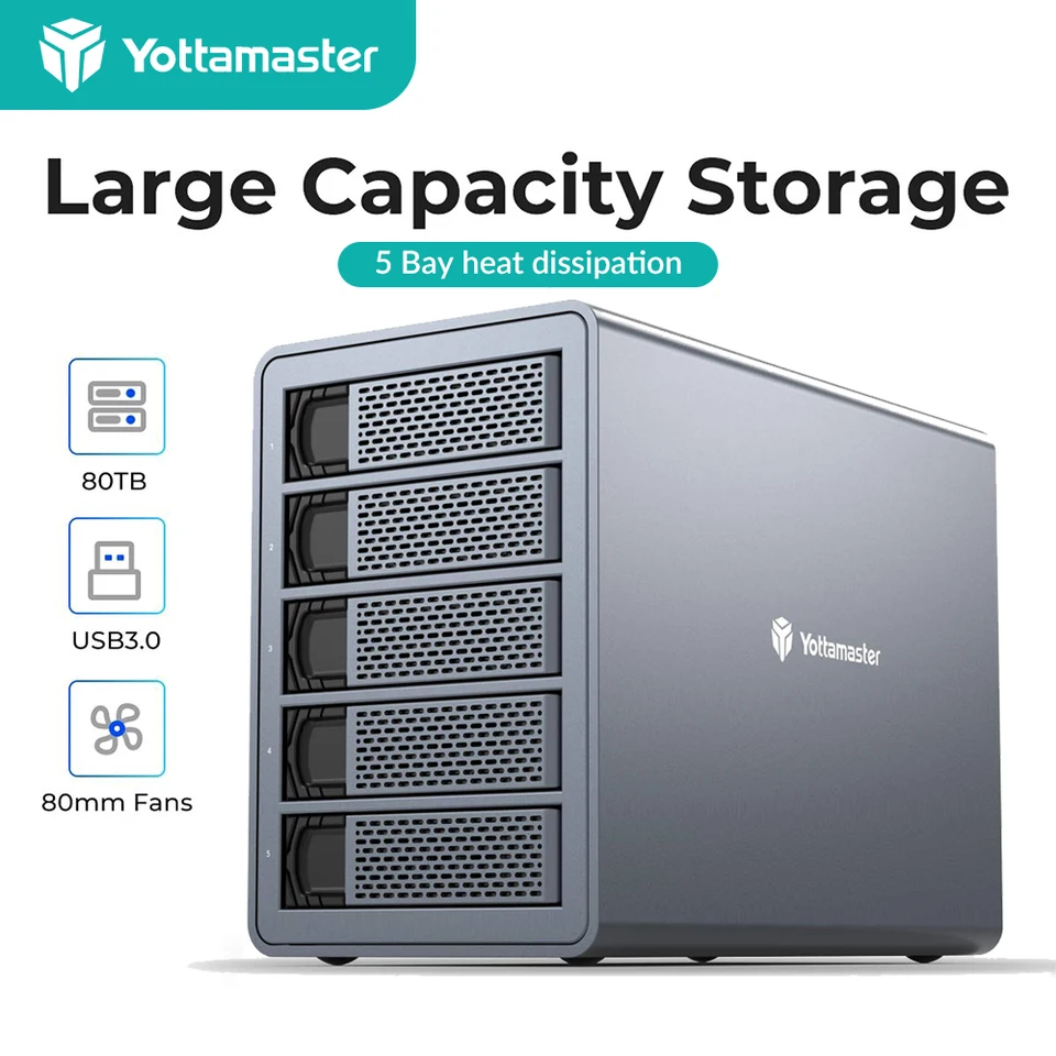 Yottamaster 5-Bay RAID HDD Enclosure 80TB Support