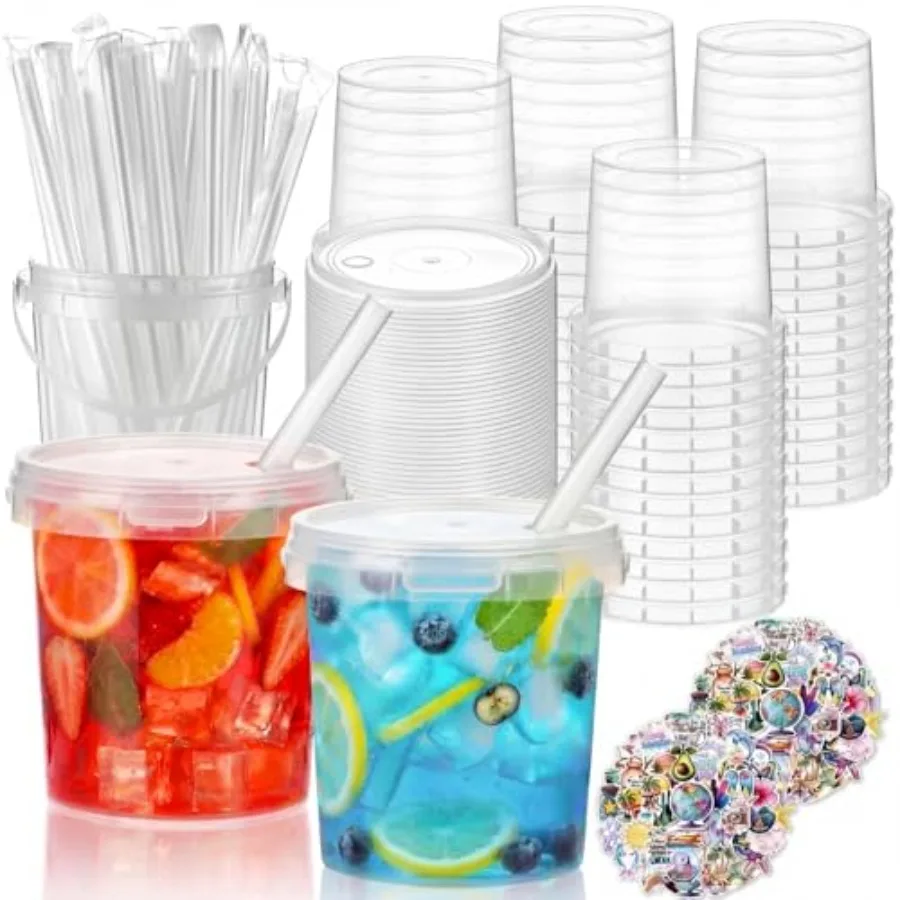 

72 Sets 34 oz Drink Buckets with Lids and Straws, Reusable Clear Plastic Party Cups with Handles, Rum Bucket for Cocktails, Ice