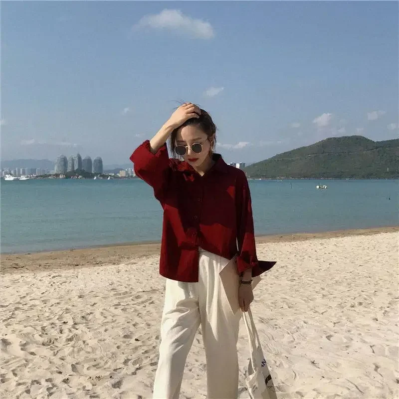 Koszule Damskie Topy Stylowe Codzienne Wiosenne Slouchy Vocation Eleganckie Francuskie Solidne Proste Podstawowe Wywijane Kołnierzyki Casual New Arrival