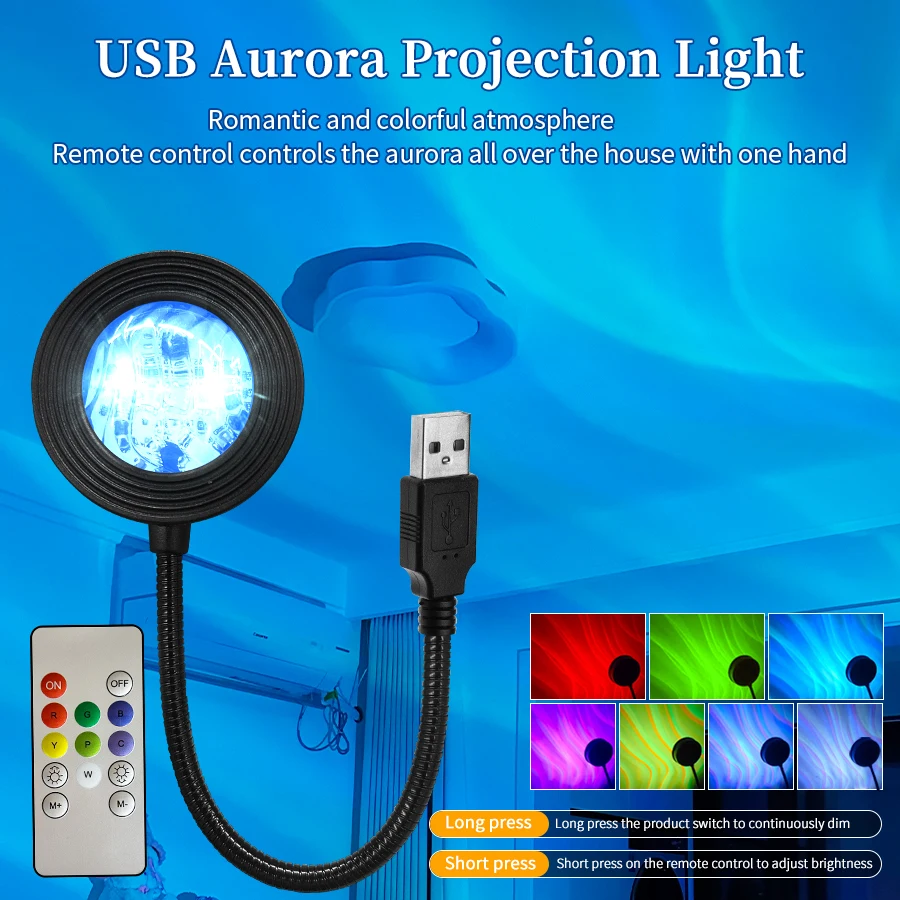 USB Plug-in Aurora Projection Light Water Ripple Shaped Decoration Atmosphere Light Touch/remote Control Color Changing Lighting
