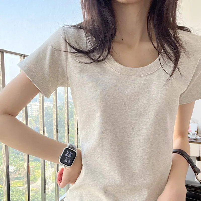 

U-neck Gray Front Shoulder Short-sleeved Women's Slim Spring and Summer Inner T-shirt Base Shirt Top