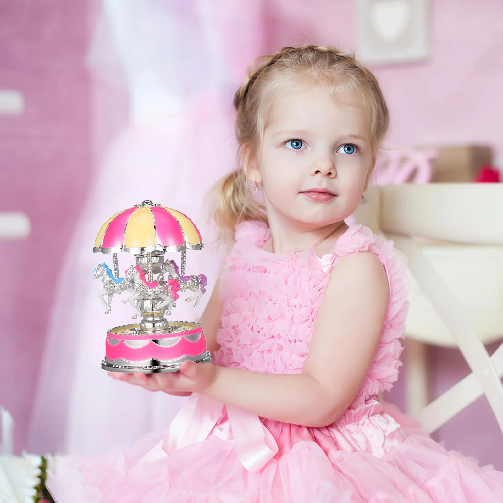 

Luminous Carousel Music Box with 3 Rotating Horses LED Lights Luxury Romantic Lavender Pink Musical Box for Women