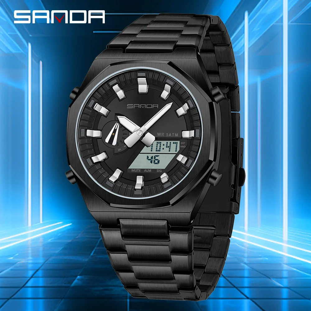 SANDA New 3376 Electronic Watch Octagonal Alloy Multifunctional Waterproof Synchronous Dual Display Men's Electronic Watch