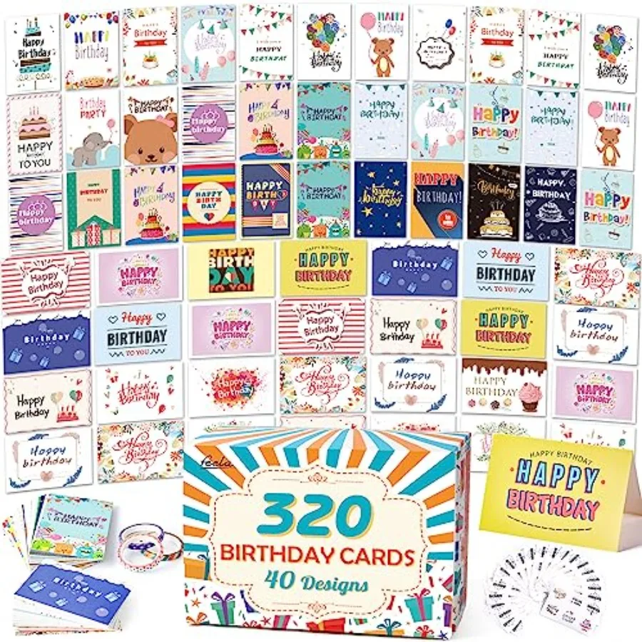 

Birthday Cards Bulk, 320 Pack 40 Designs Happy Birthday Card Assortment Box with 320 Blank Envelopes, 336 Pieces of Stickers, 1