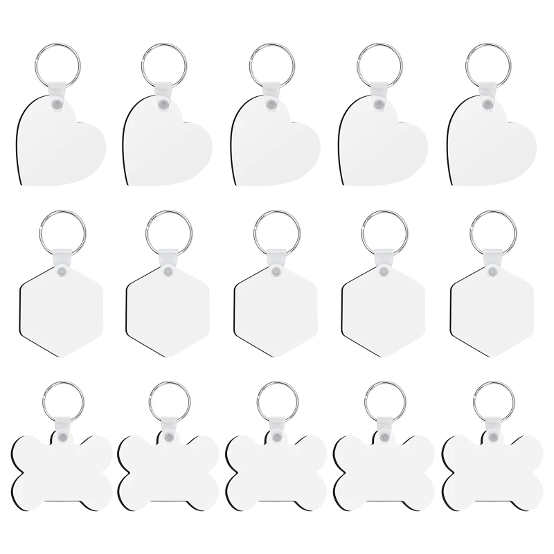 15 Pcs/set Sublimation Keychain Set Hanging Pendant Decoration Heat Transfer Blank Crafts Heart, Hexagon, Bone Drop shipping