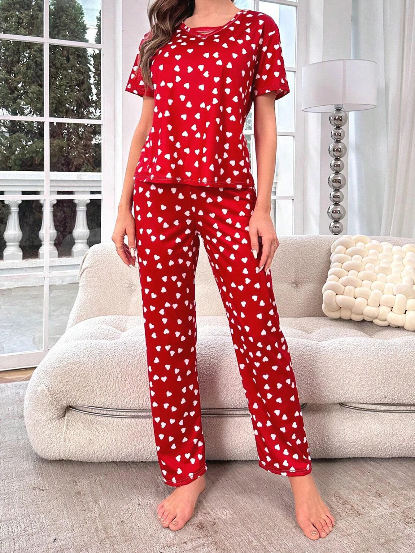 Women Pajamas Set Summer Allover Heart Prints Short Sleeve V Neck Top Elastic Pants Women\'s Sleepwear Loungewear