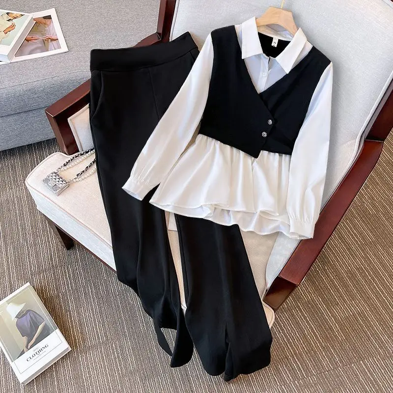 Spring and Autumn Outfits Women's New Stripe Fashion Fake Two Piece Polo Neck Shirt High Waist Casual Pants Two Piece Suit