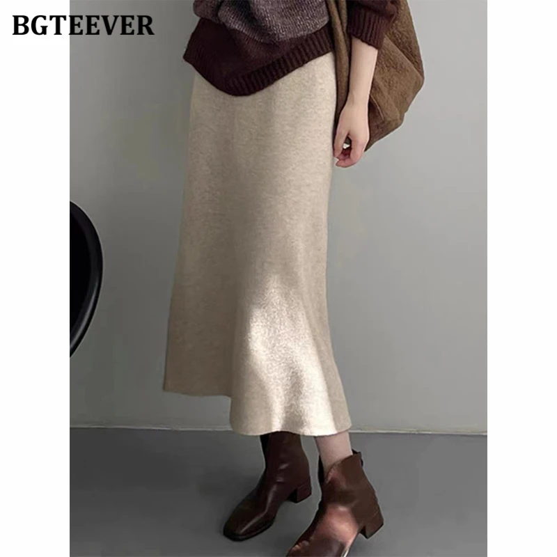 Bgteever chic stilvolle elastische Damen mit hoher Taille gestrickt gerade Röcke Herbst Winter elegante lose weibliche Pullover Röcke