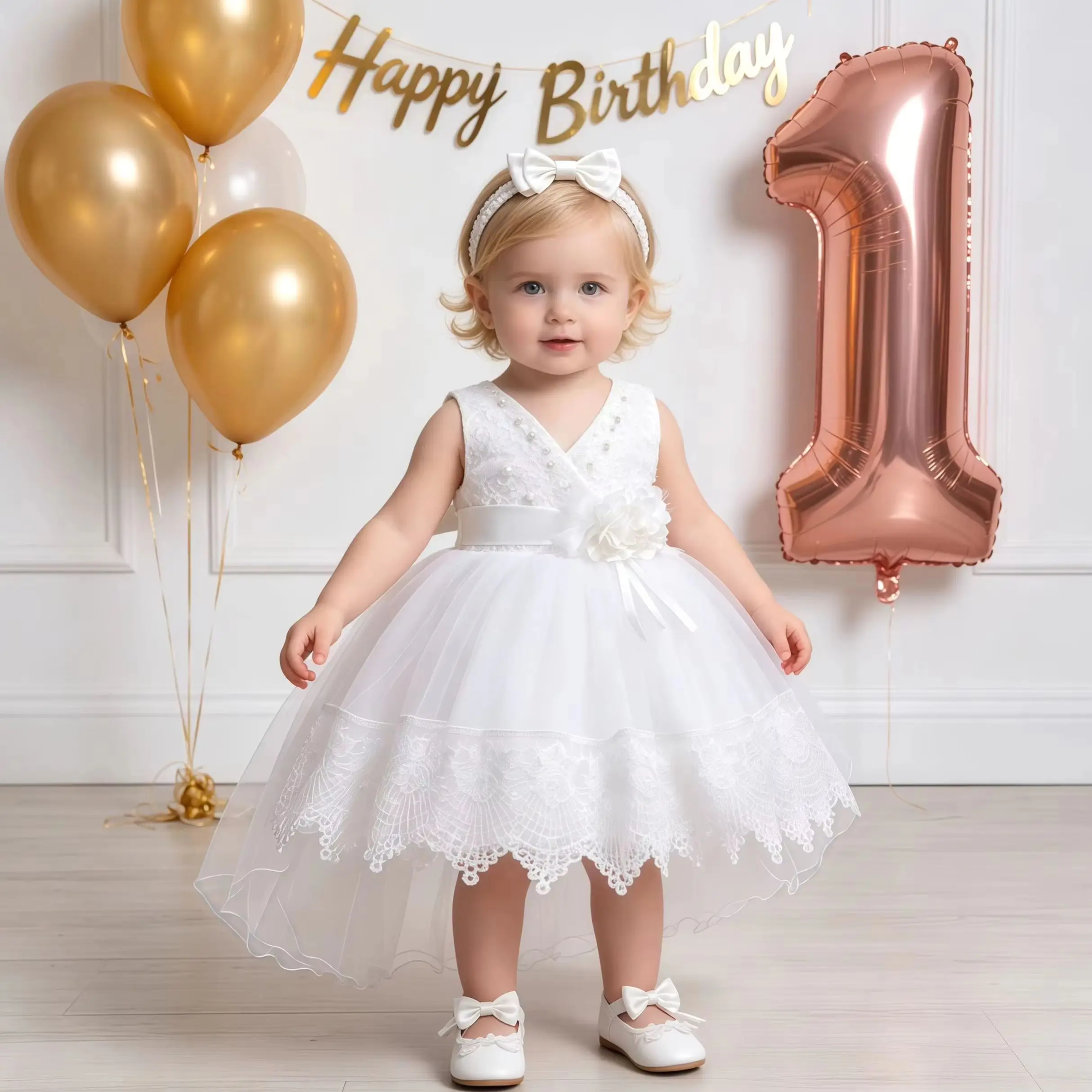 Baby Girls Elegant V Neck Trailing Princess Dress For Newborns Christening Birthday Party Wedding First Communion Evening Gown