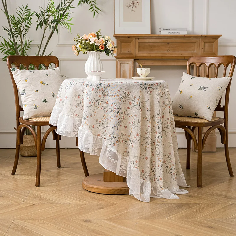 French Pastoral Style Tablecloth Imitation Linen Decorative Floral Ruffled Edges Tablecloths Decoration Table Cover