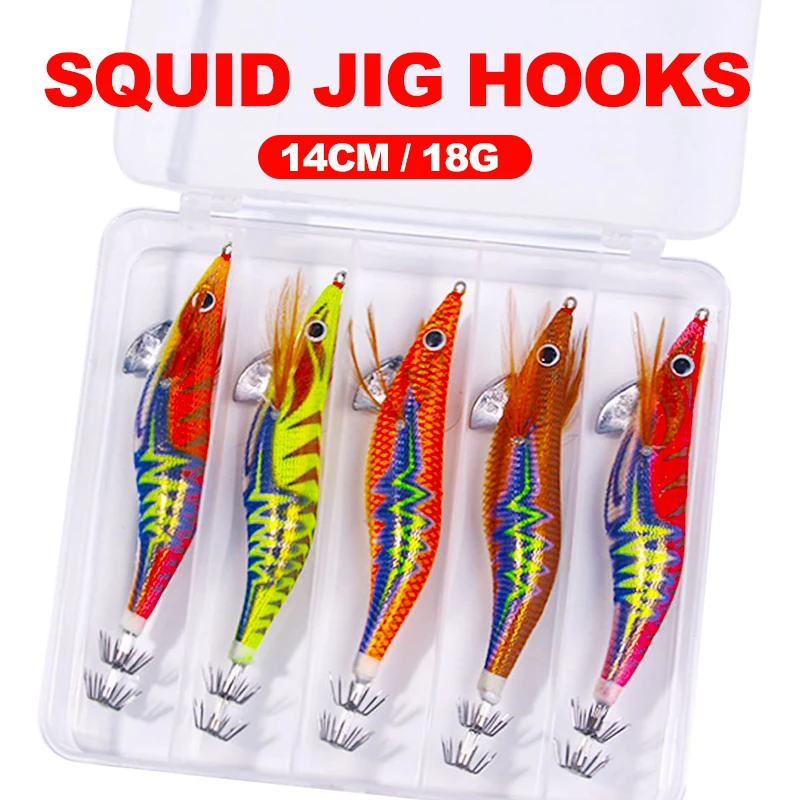 Newup 5pcs/box Luminous Squid Jig Fishing Wood Shrimp Lure Kit egis Cuttlefish Sea Fishing Jigs Bait  Pesca Items