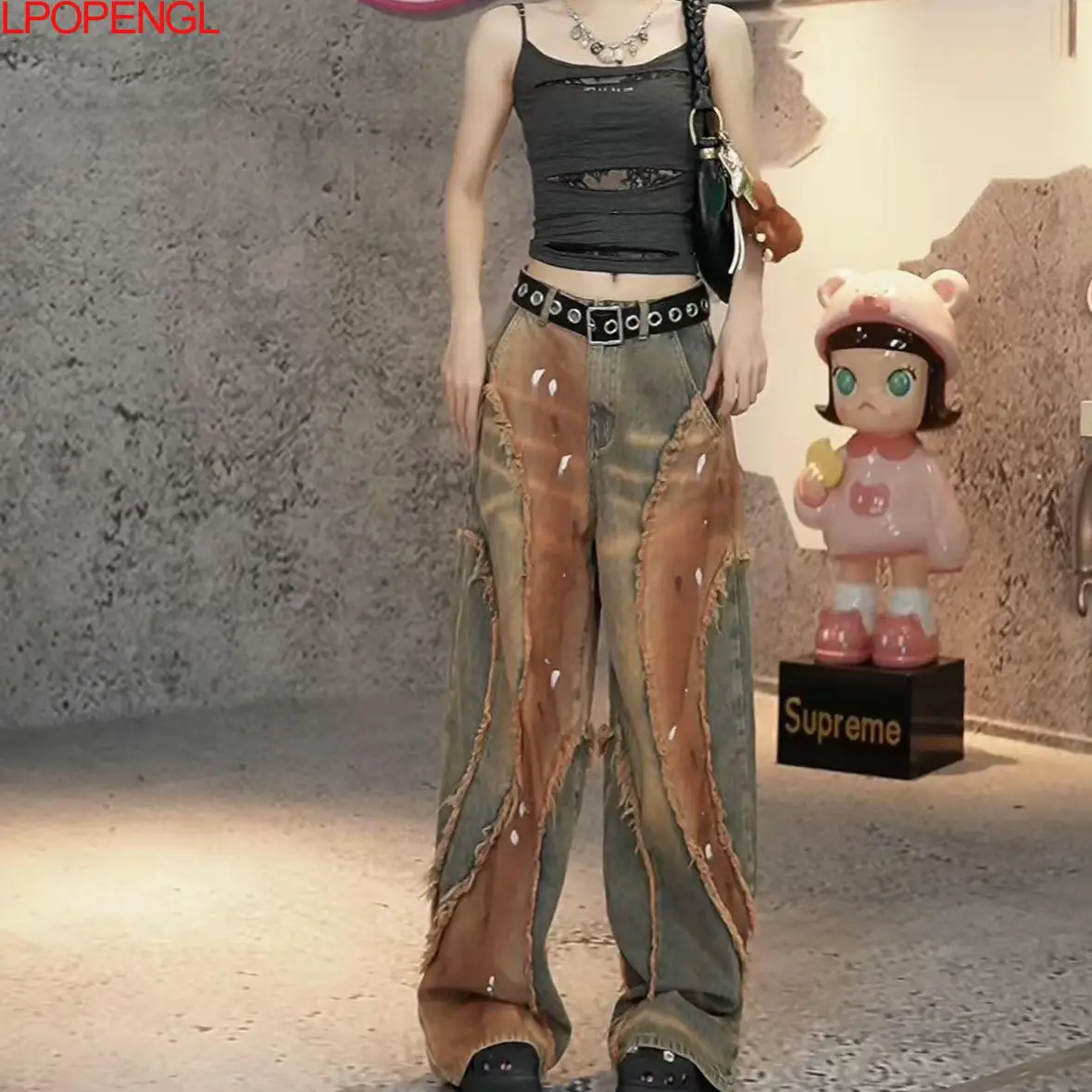Women 2025 Autumn New Wasteland Style American Streetwear Street Worn Wide Leg Pants Damage high waist Heavy-duty Edging Jeans