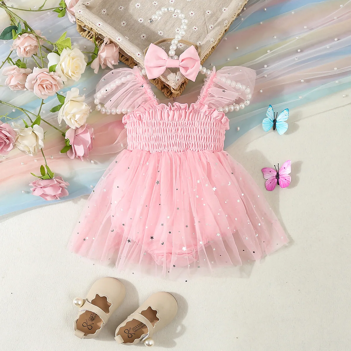 Baby girl strapless dress with wings, small flying shoulders, straps, headwear, stars and moon embellishments, cute and fashiona