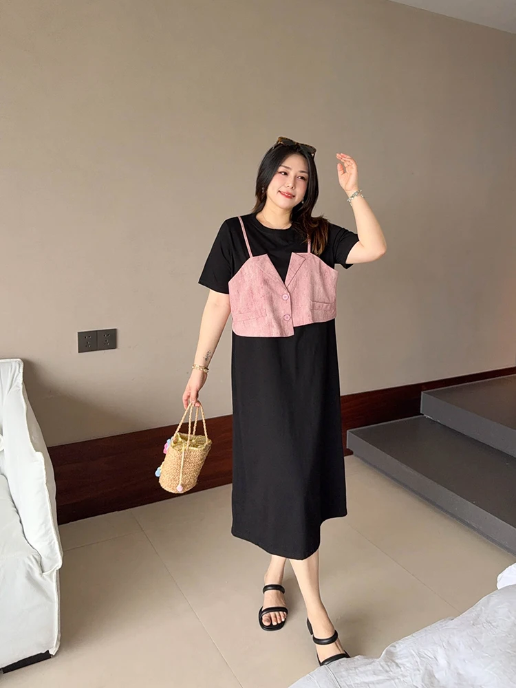 

VOGANA Модное платье миди оверсайз с эффектом похудения, в стиле пэчворк, трендовое, корейский стиль, из смесового хлопка, с коротким рукавом, круглым вырезом