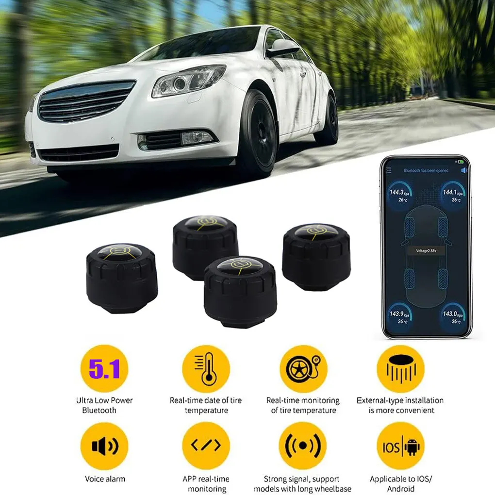 Bluetooth 5.1 Wireless APP Display Car TPMS Tire Pressure Alarm System Sensor Car TPMS Tpms Tire 4Pcs