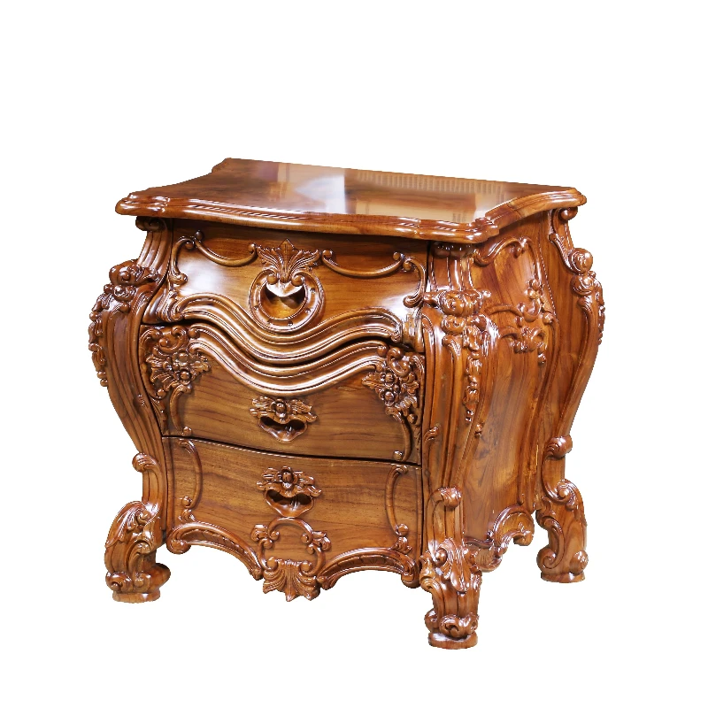 

European hand-carved teak bedside table with 3 drawers for bedroom decoration