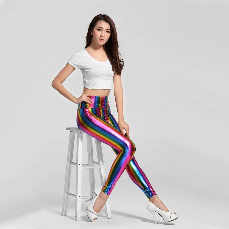 Shiny Leather Leggings Stretch Metal Leather Leggings Punk Rock Pants Multicolor Gothic Sexy Leggings Women