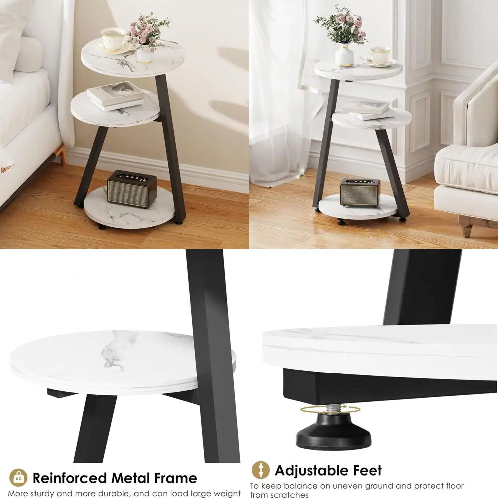 

Marble Top Round Side Table with Metal Frame, Compact 3-Tier Nightstand for Living Spaces, Sleek Black KTZ41H